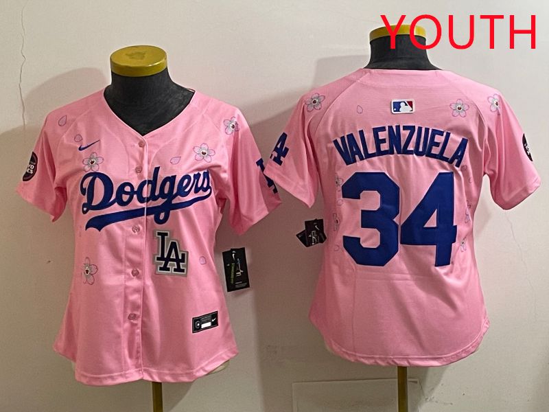 Youth Los Angeles Dodgers 34 Valenzuela Pink Sakura Edition 2025 Nike MLB Jersey style 41